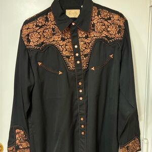 Black Scully Western Snap Shirt with Copper Embroidery on front, back & cuffs.